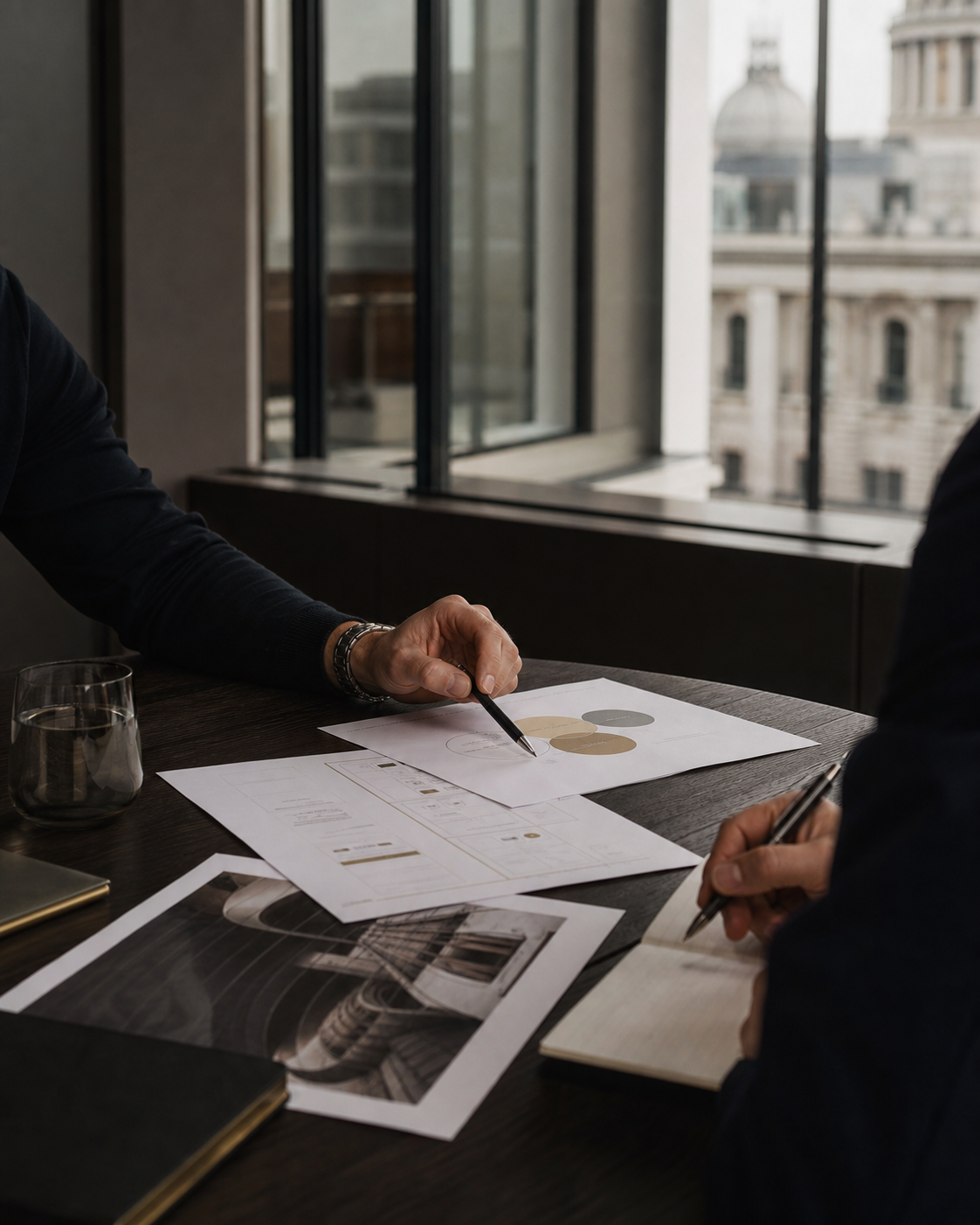 Advisers reviewing a business plan together in a contemporary London office
